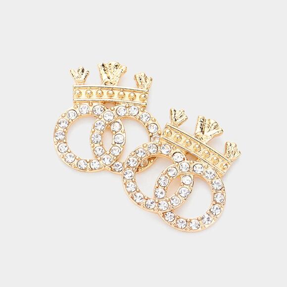 Pierced 1 1/4" gold and clear stone double circle crown earrings - Picture 1 of 4